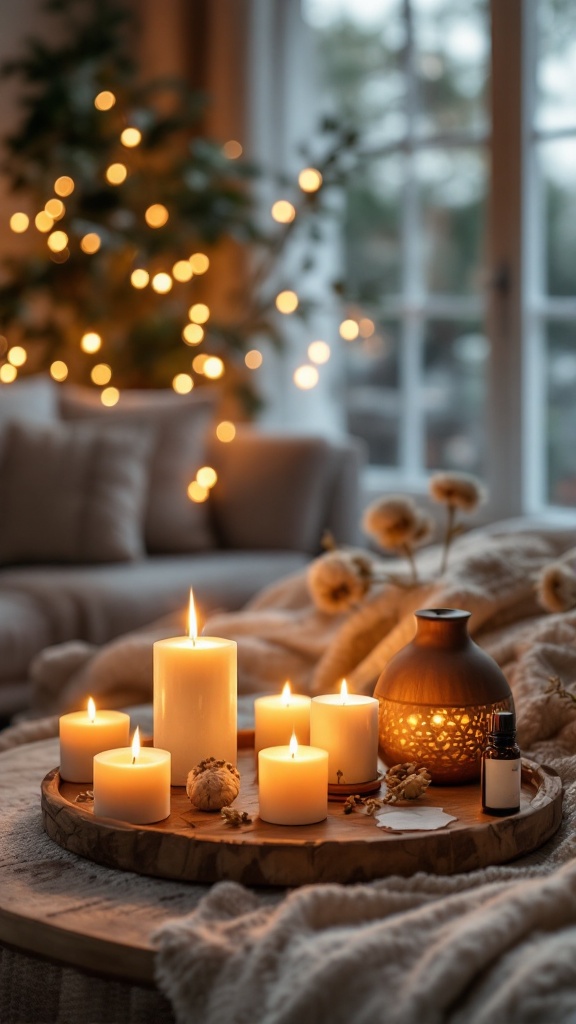 A cozy setup featuring lit candles on a wooden tray, creating a warm and inviting atmosphere.