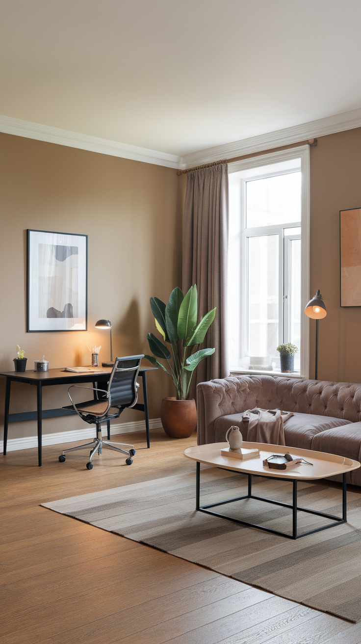 A stylish multifunctional living room featuring a desk, couch, and plants.