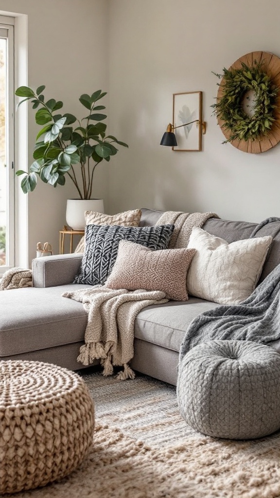 Cozy living room featuring a sofa with layered throws, plants, and a boho rug.