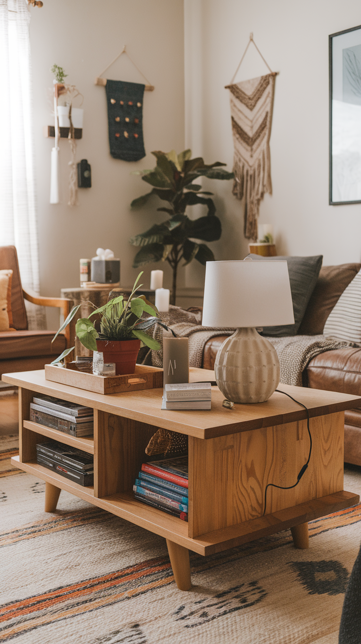 A stylish wooden coffee table with plants, books, and a lamp in a cozy living room setup.