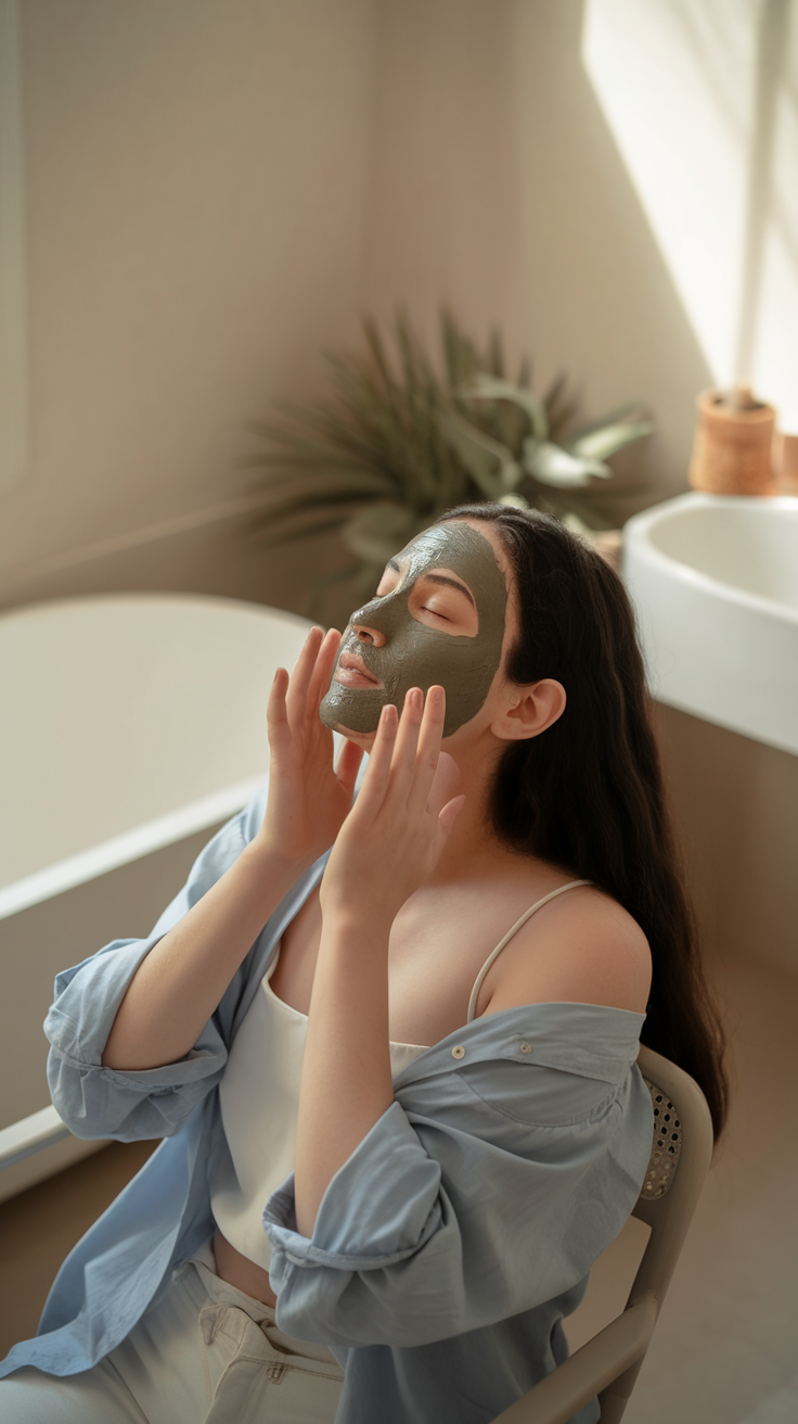 A person applying a green clay facial mask while sitting in a bright bathroom, creating a serene self-care moment.