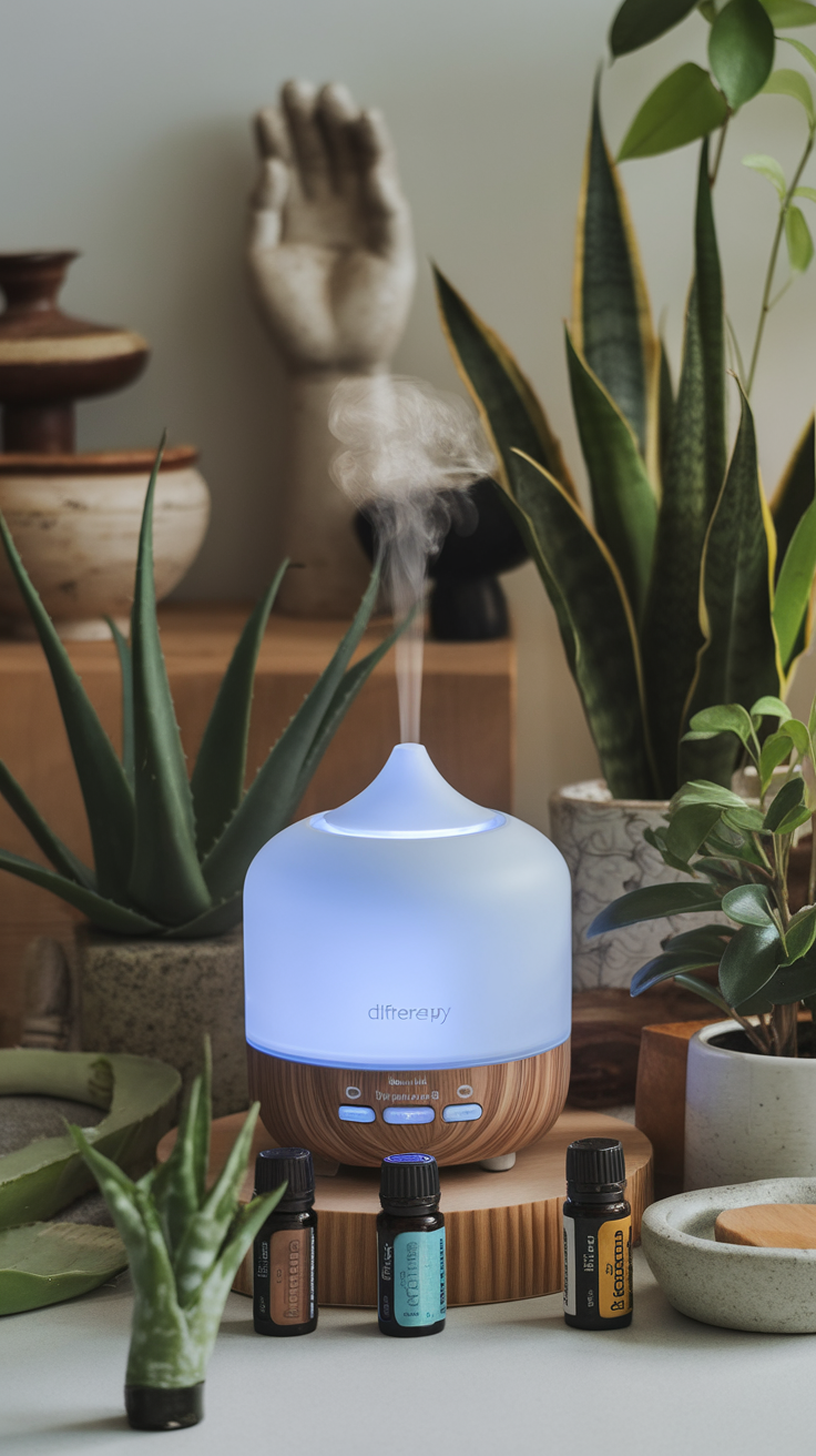 A stylish aromatherapy diffuser with essential oils and plants, creating a relaxing atmosphere.