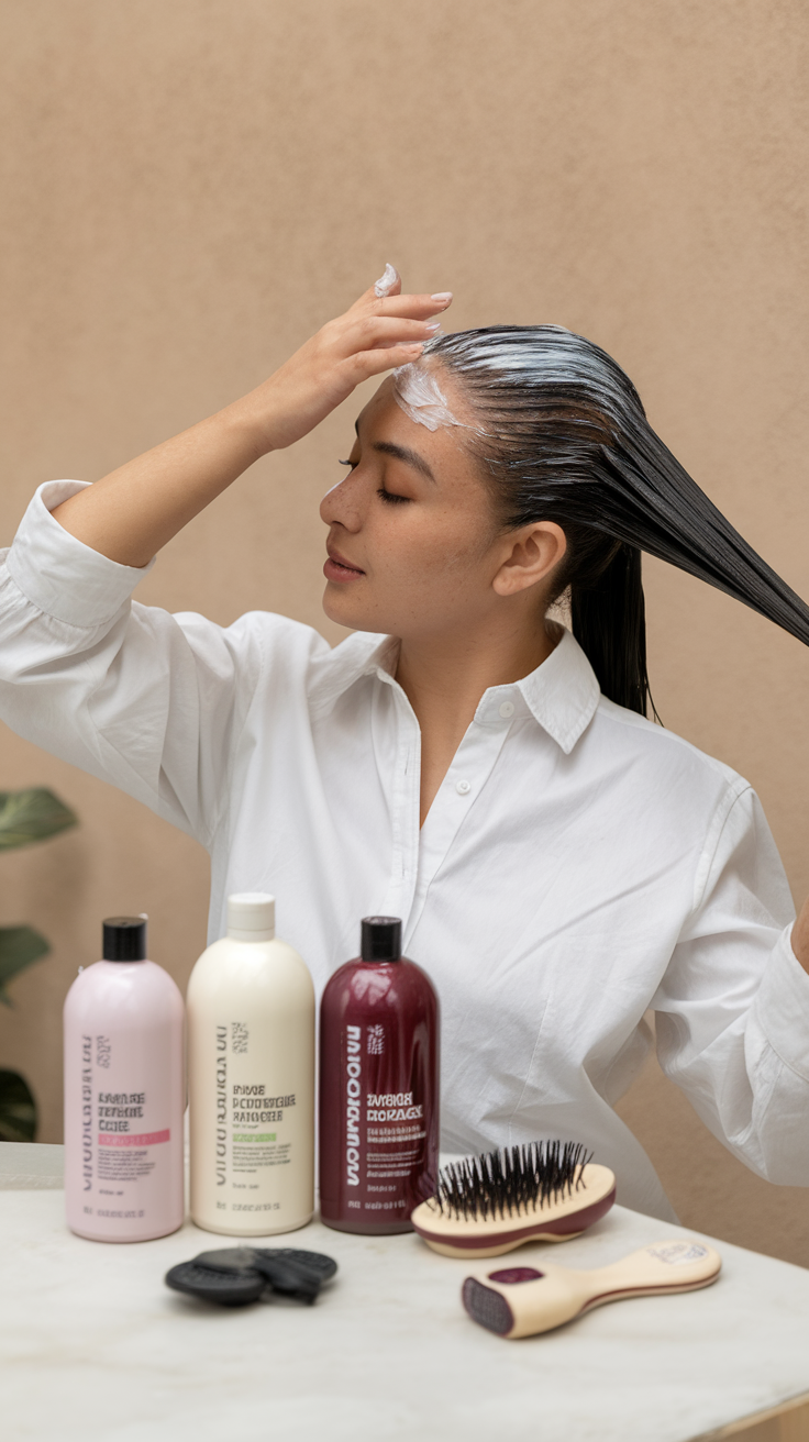 A person applying hair treatment in a spa-like setting with hair care products displayed.