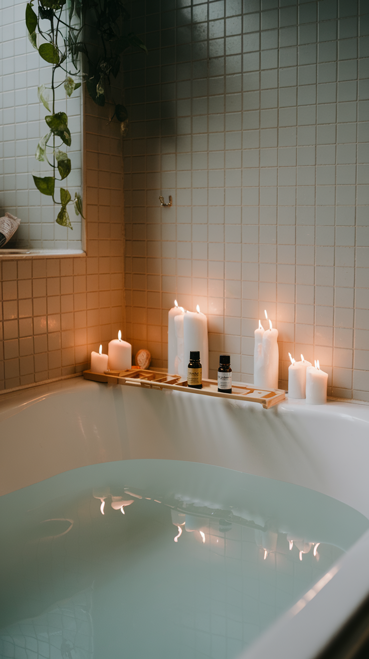 A serene bathtub setup with candles, essential oils, and a plant, creating a relaxing atmosphere for an aromatherapy bath.