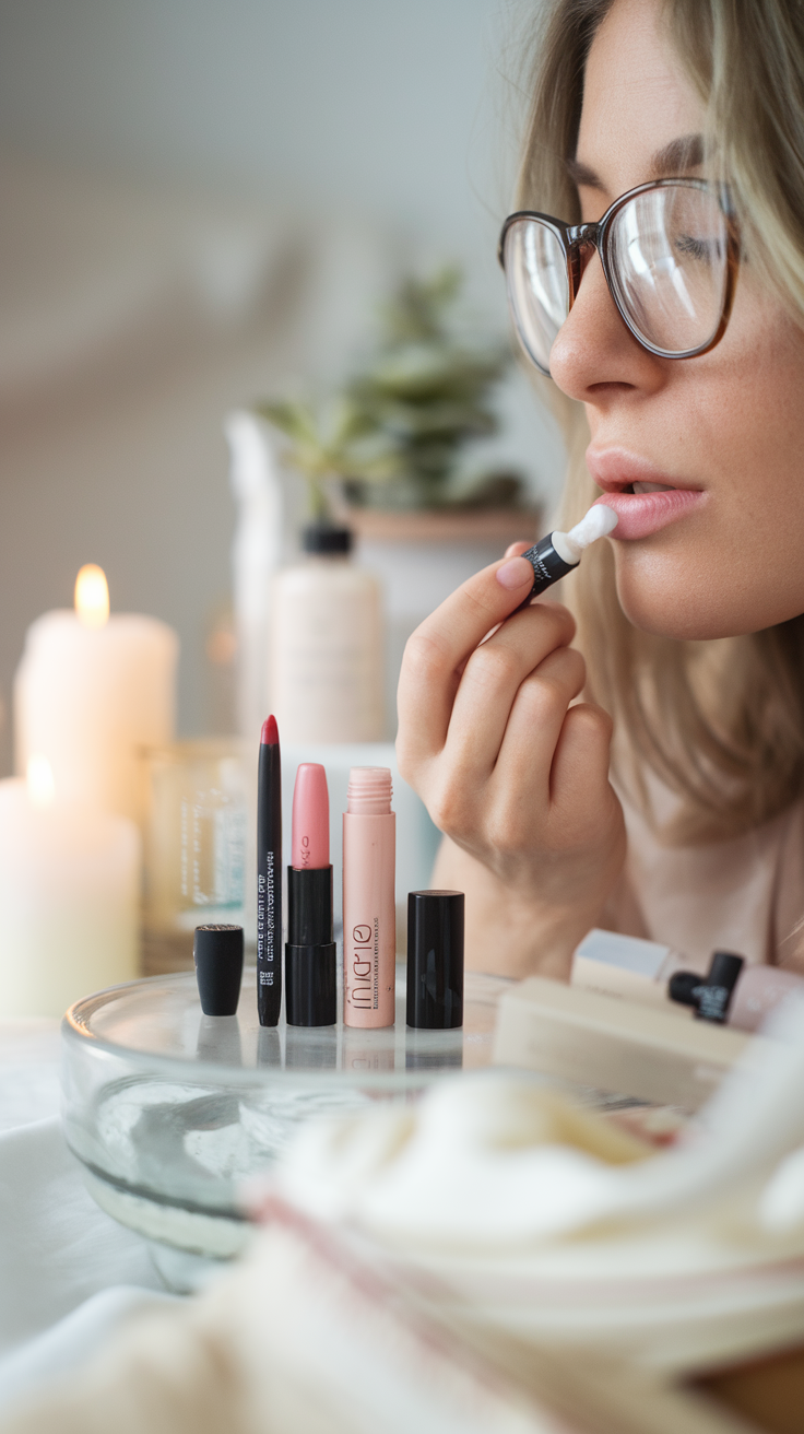 A woman applying lip treatment with various lip products arranged in front of her.