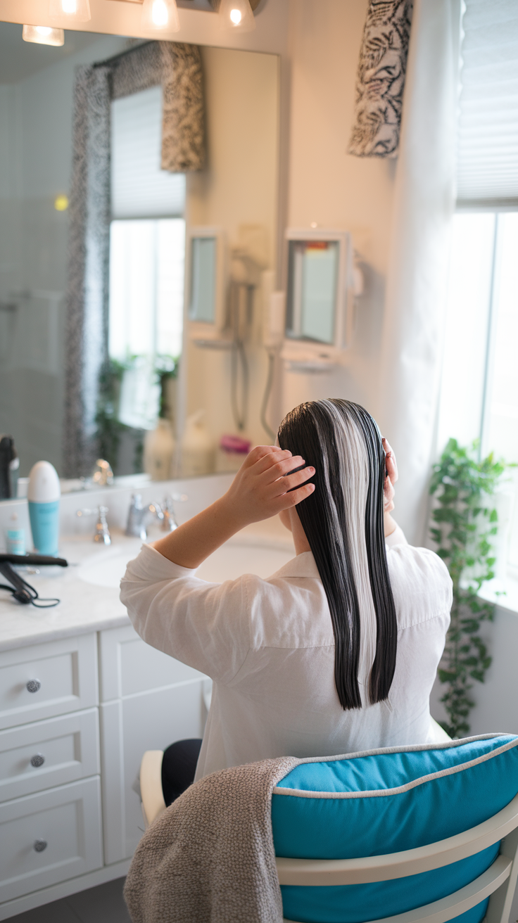 Person applying a hair treatment in a bright bathroom with a modern aesthetic