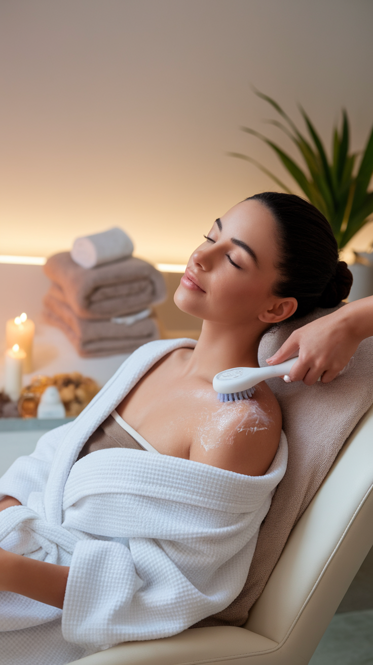 Woman in a bathrobe enjoying gentle skin exfoliation with a brush in a serene spa-like setting.