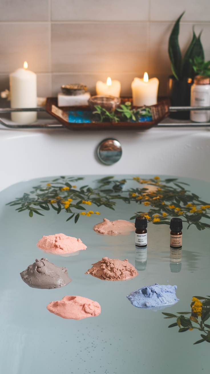 A serene bathtub with various colored clay powders, essential oils, and candles for a detoxifying bath ritual.