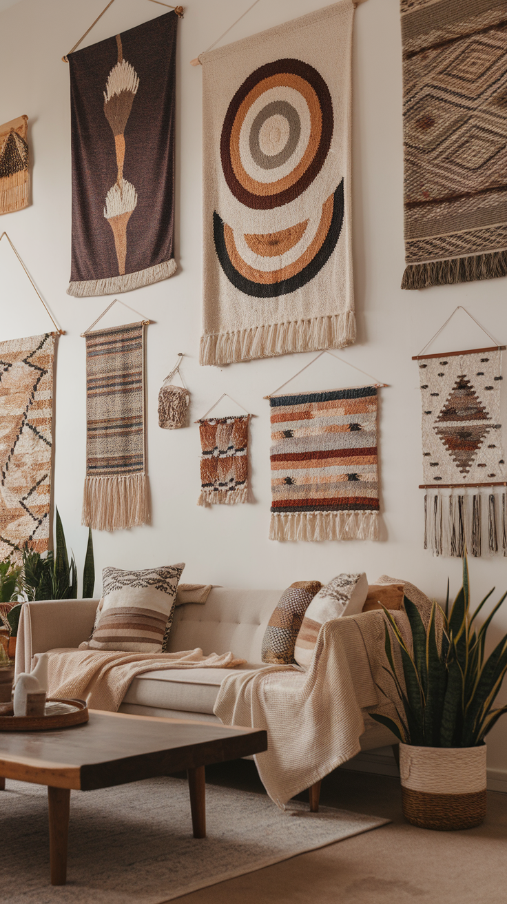 A collection of stylish woven wall hangings in a cozy living room setting.