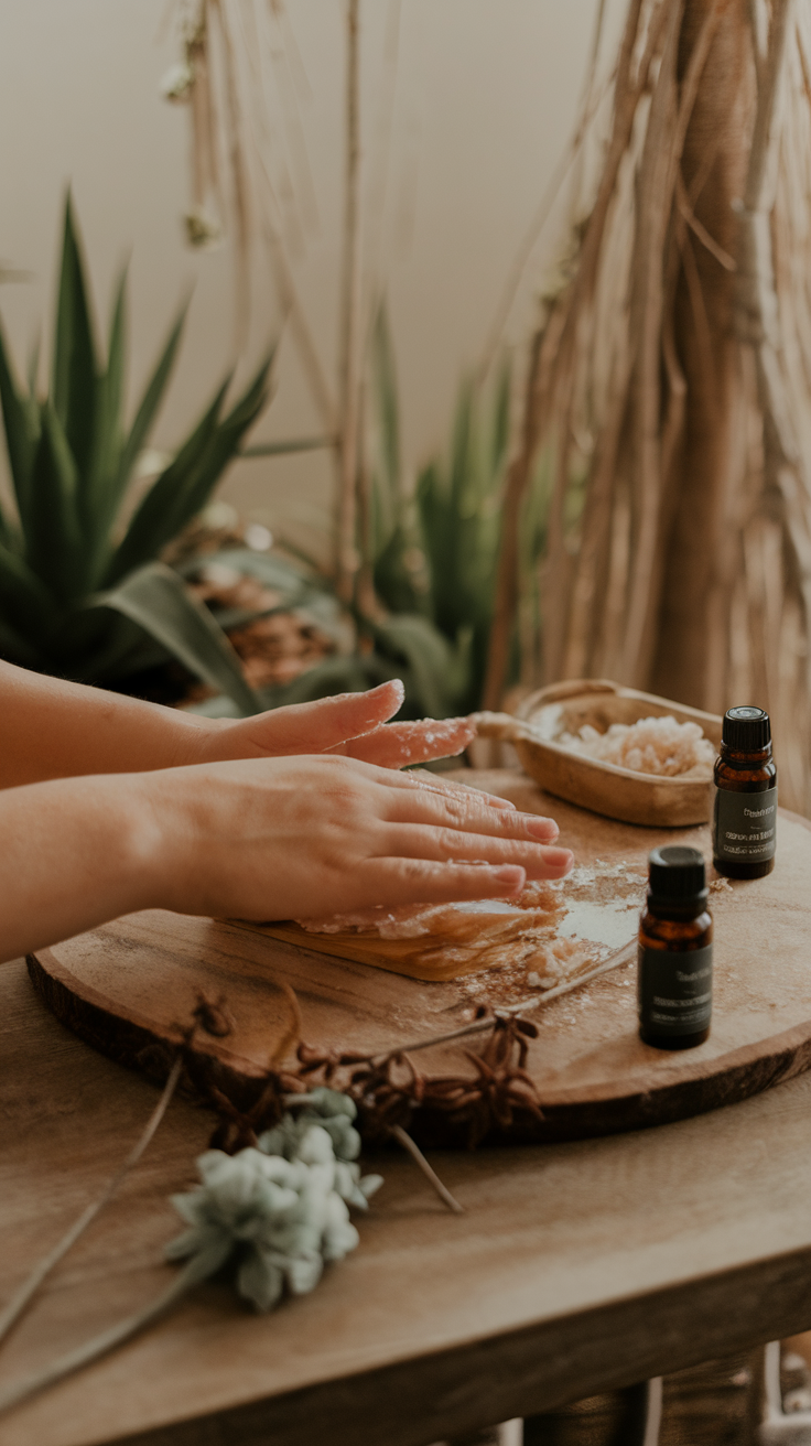 Hands applying a natural scrub on a wooden surface surrounded by essential oils and plants