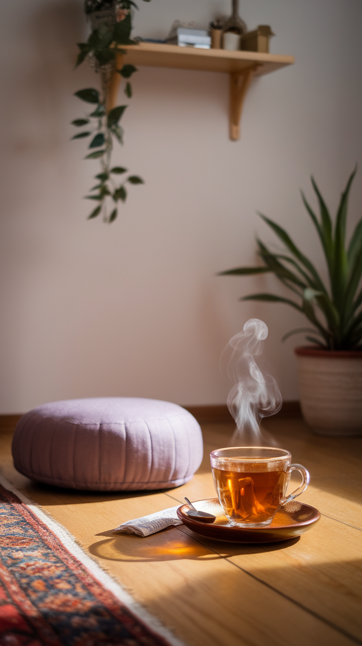 A cozy setting featuring a steaming cup of herbal tea on a plate, a purple cushion, and plants in the background, creating a tranquil atmosphere.