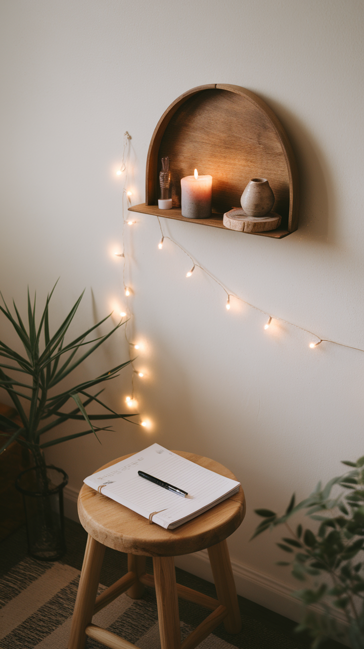 A cozy bathroom corner with a wooden shelf, candles, a notebook, and a pen on a stool, illuminated by soft fairy lights.