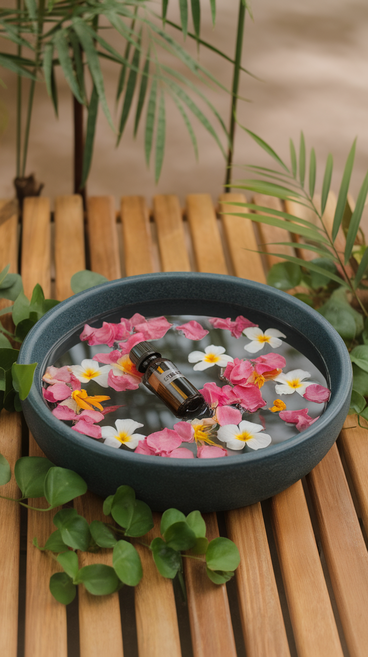 A bowl filled with water, flowers, and essential oil, set in a relaxing environment.