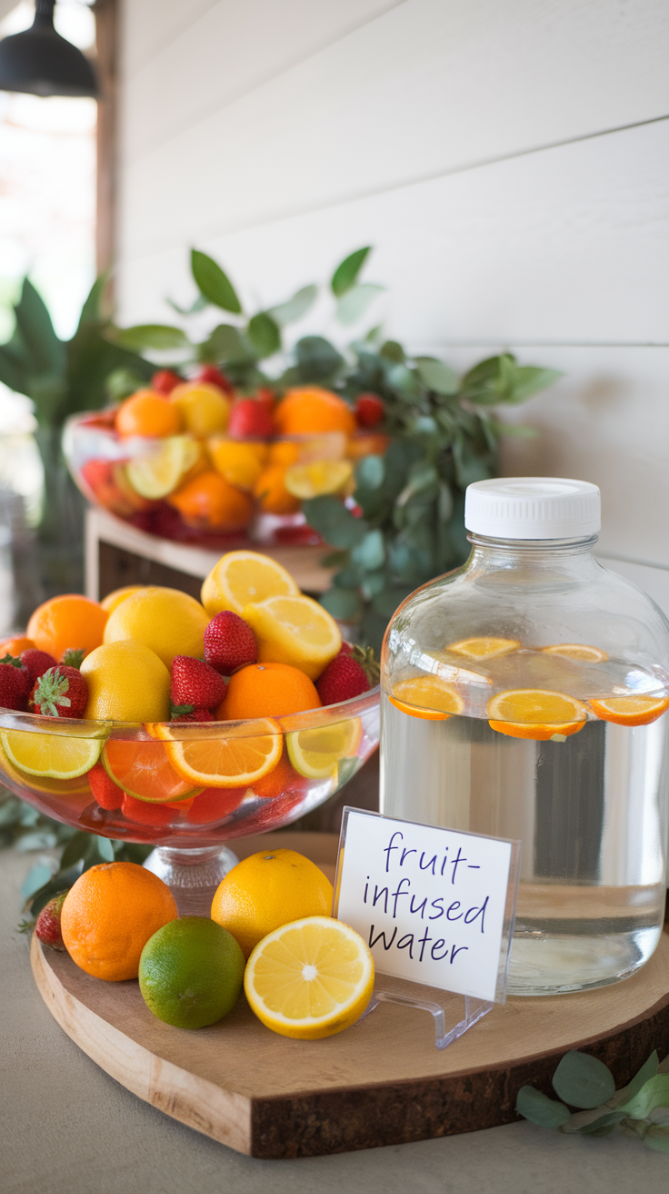 A fruit-infused water bar with bowls of fresh fruits and a jar of infused water.