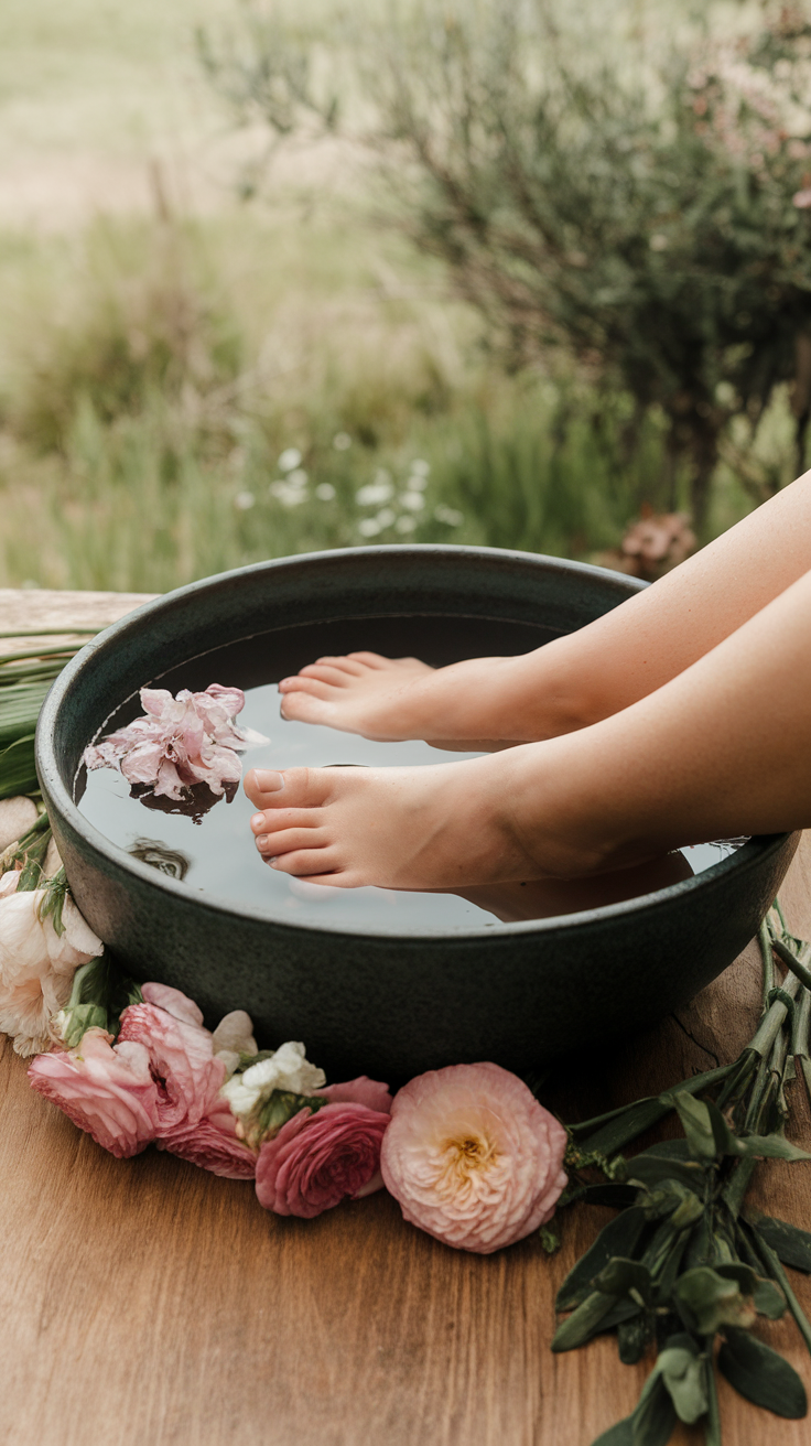 Feet soaking in a bowl of water surrounded by flowers