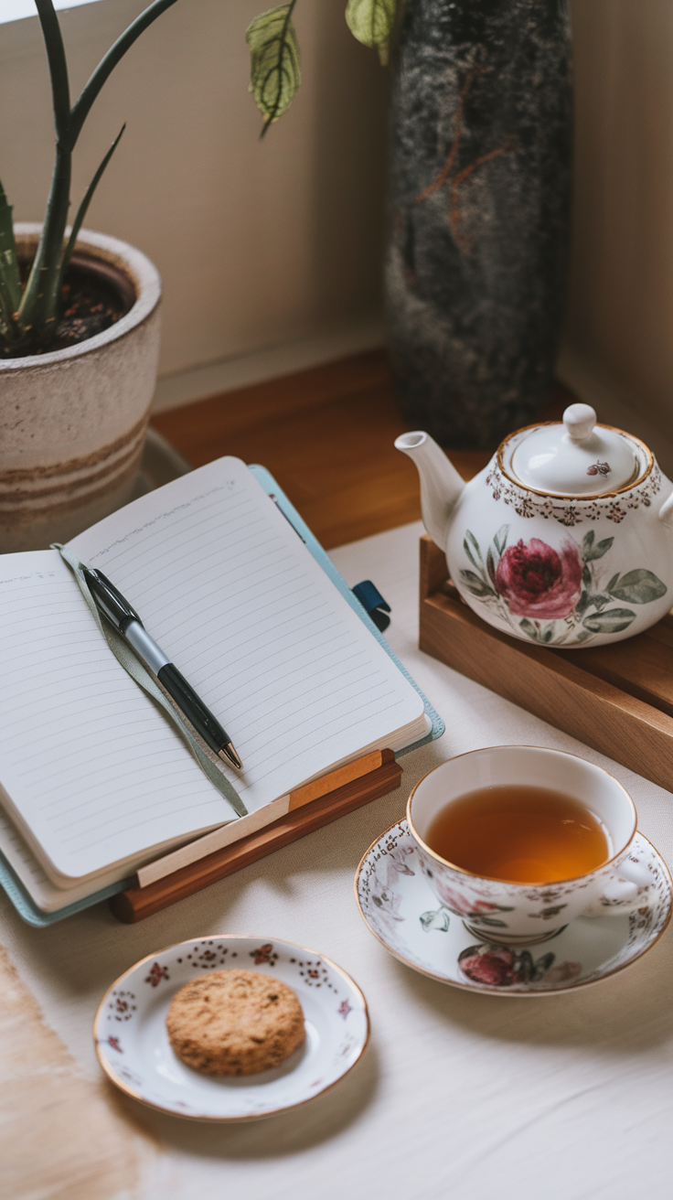 A cozy journaling setup with a teapot, a cup of tea, a cookie, and an open notebook with a pen.