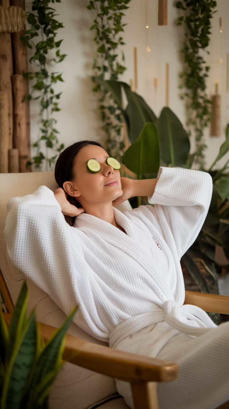 A woman relaxing with cucumber slices over her eyes, dressed in a white robe, surrounded by plants.