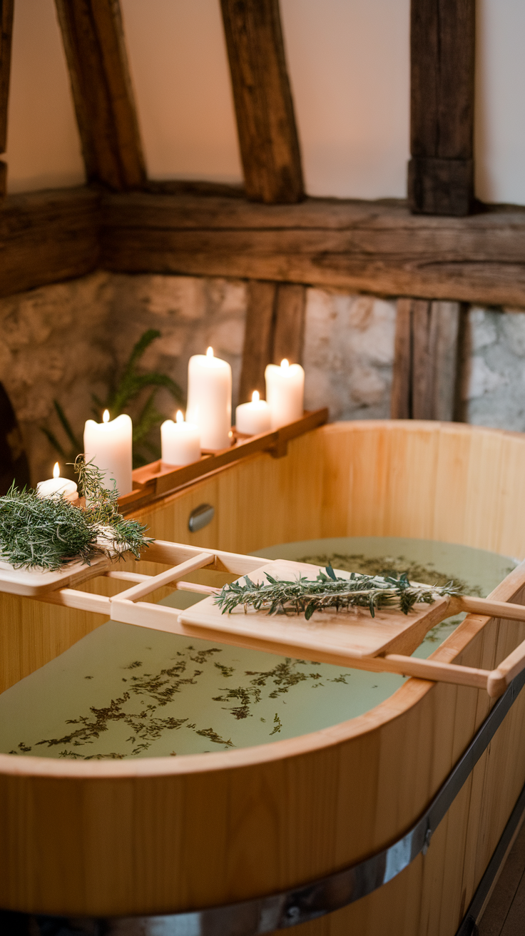 Wooden bathtub filled with herbs and lit candles for a relaxing herbal bath soak.