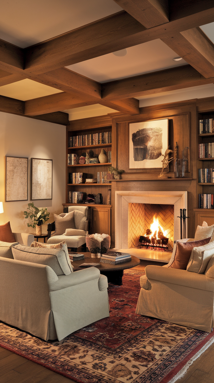 A cozy living room featuring a large fireplace, comfortable seating, and stylish decor.