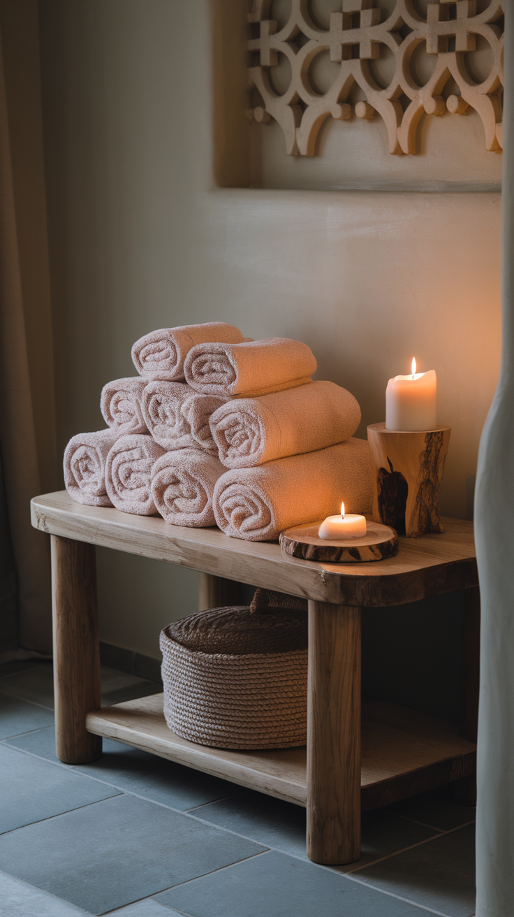 A stack of warm towels on a wooden shelf next to candles, creating a cozy spa-like atmosphere.