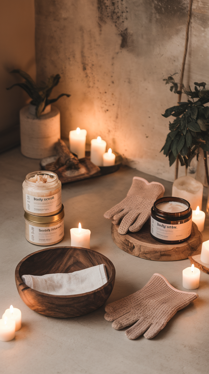 A serene self-care setup featuring body scrubs, candles, and soft gloves for an indulgent body scrub ritual.