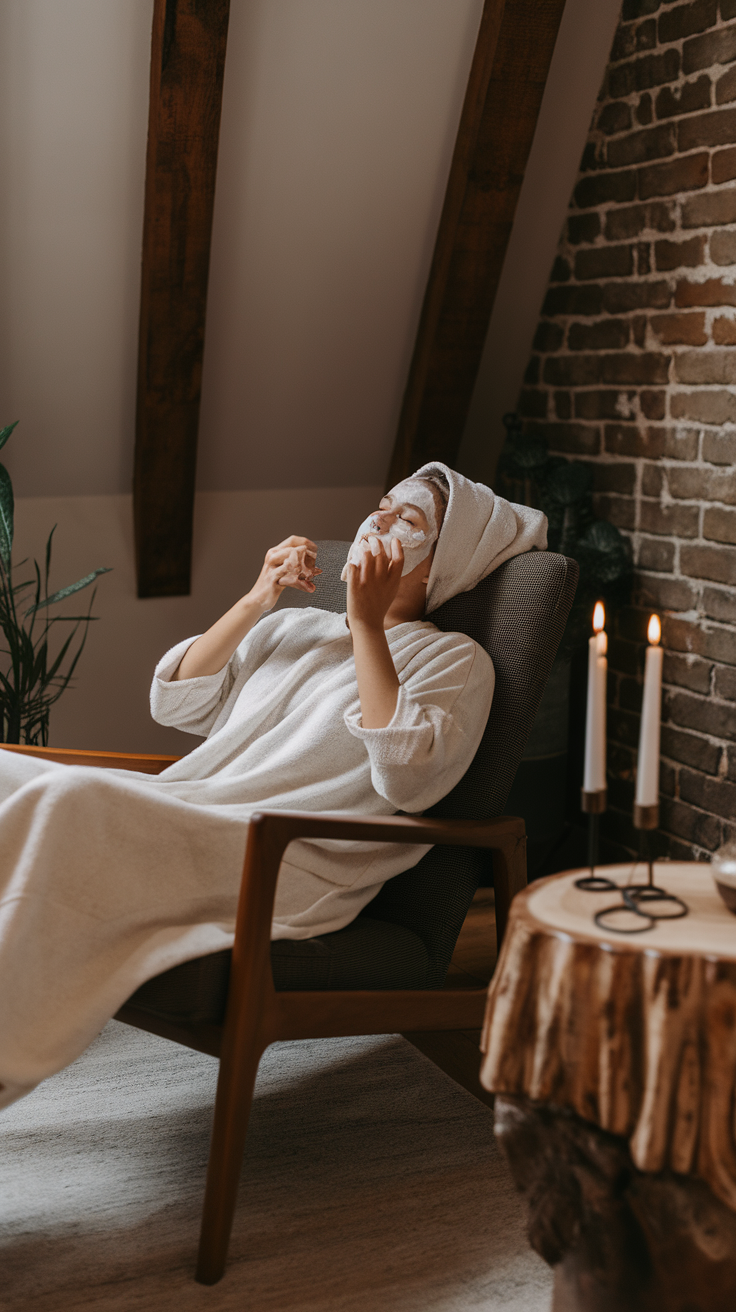 Person applying a face mask while relaxing in a cozy chair, surrounded by candles and wooden decor.