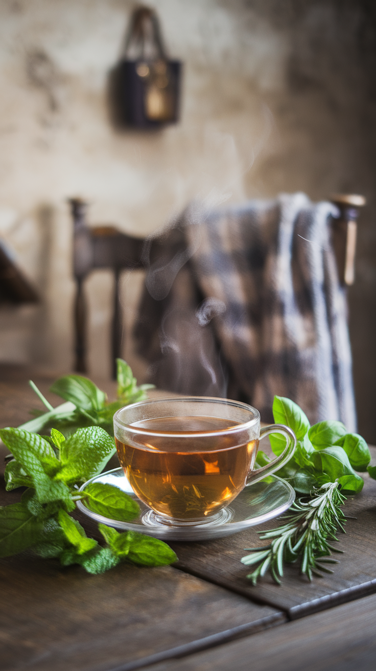 A steaming cup of herbal tea surrounded by fresh mint and rosemary on a wooden table.