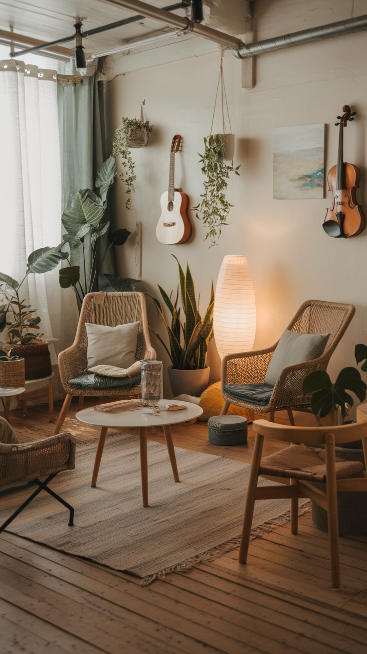 A cozy living room with plants, soft lighting, and comfortable seating, perfect for meditation.