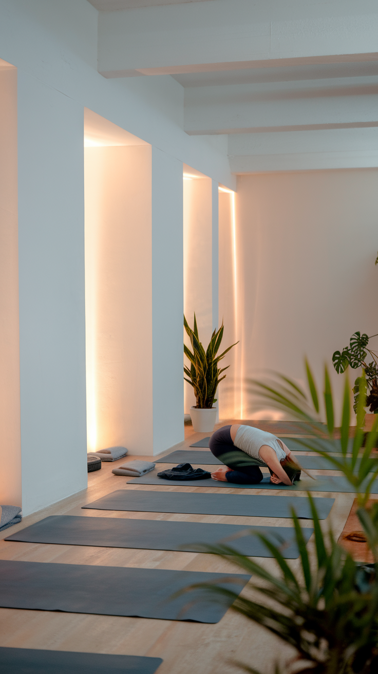 A peaceful yoga studio with a person practicing yoga on a mat, surrounded by plants and soft lighting.