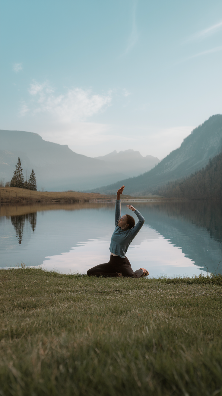 A person stretching by a calm lake surrounded by mountains.