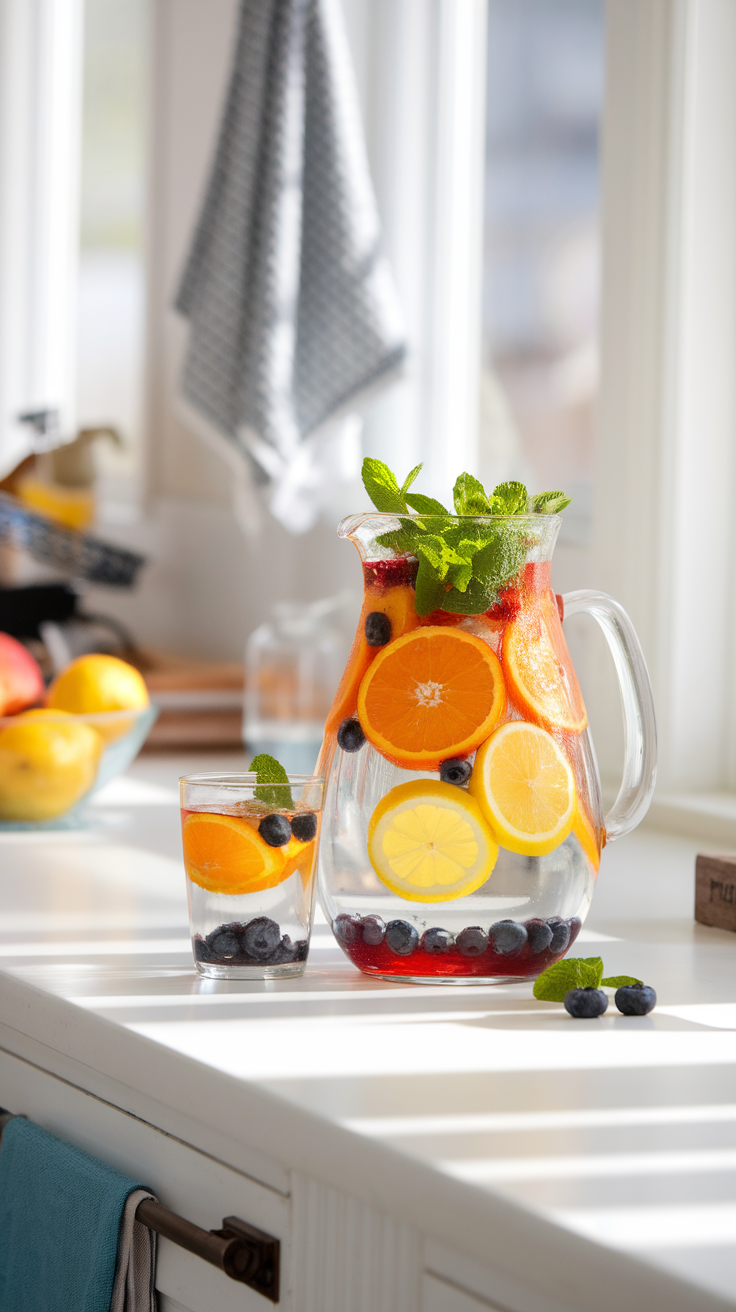 A pitcher of fruit infused water with slices of orange, lemon, and blueberries, accompanied by a glass, on a sunny kitchen counter.