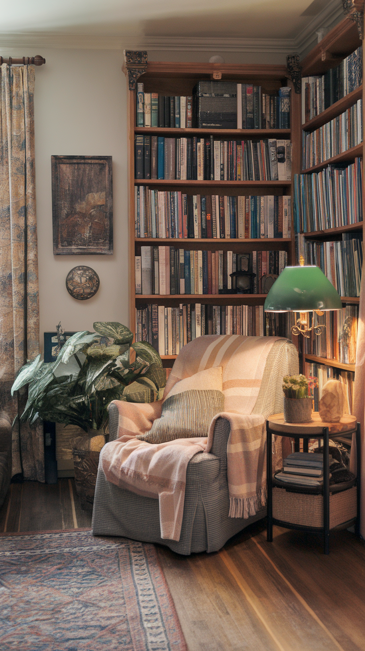 Cozy reading nook with a comfortable chair, bookshelves, and warm lighting.