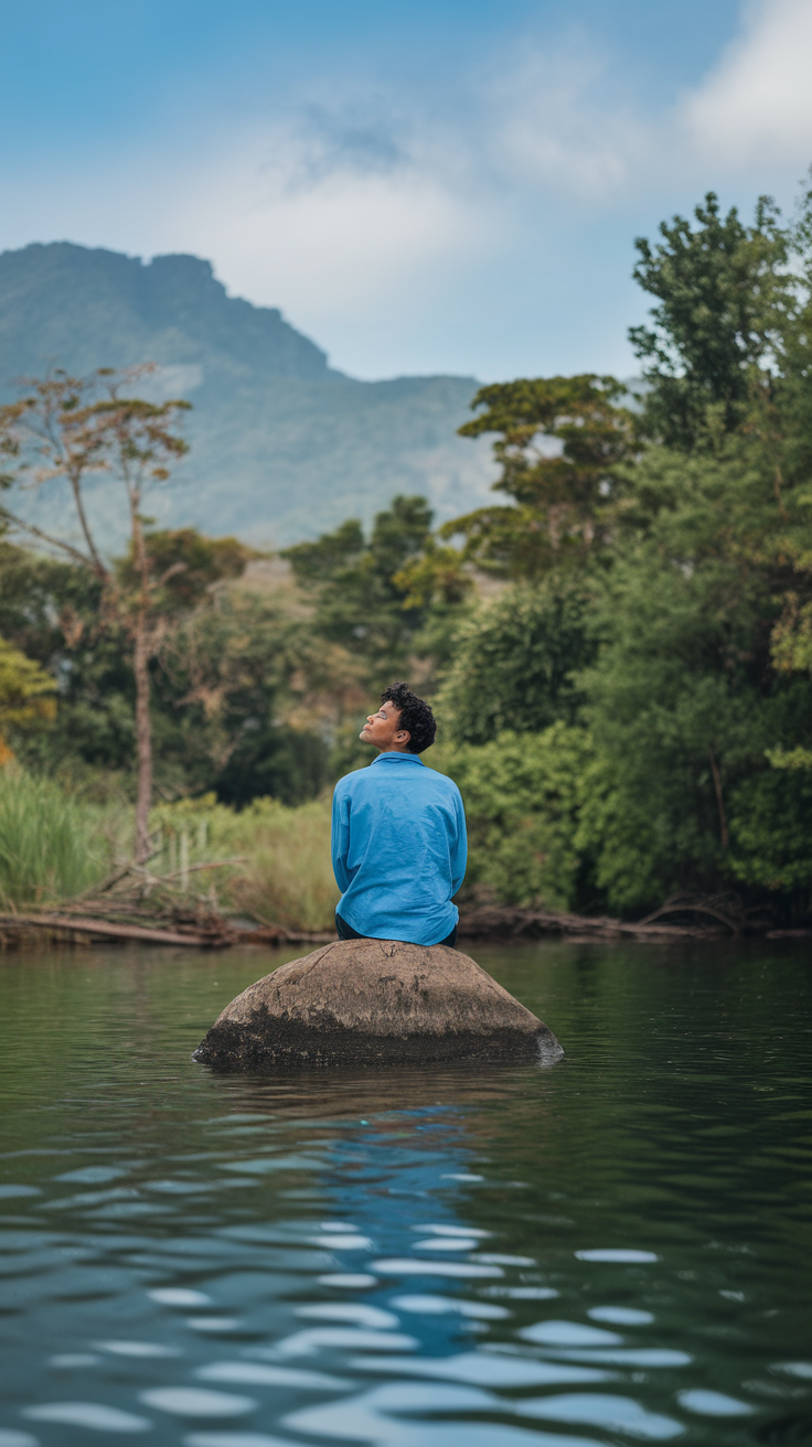 A person sitting on a rock in a serene natural setting, surrounded by water and trees with mountains in the background.