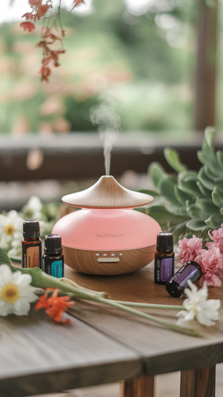 Aesthetic view of an essential oil diffuser surrounded by essential oils and flowers