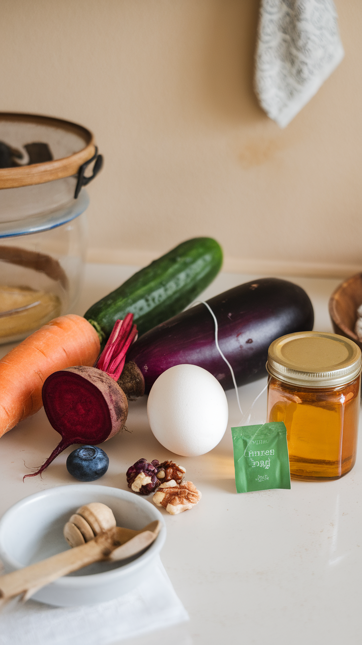 Ingredients for DIY face masks including fresh vegetables and honey on a countertop.