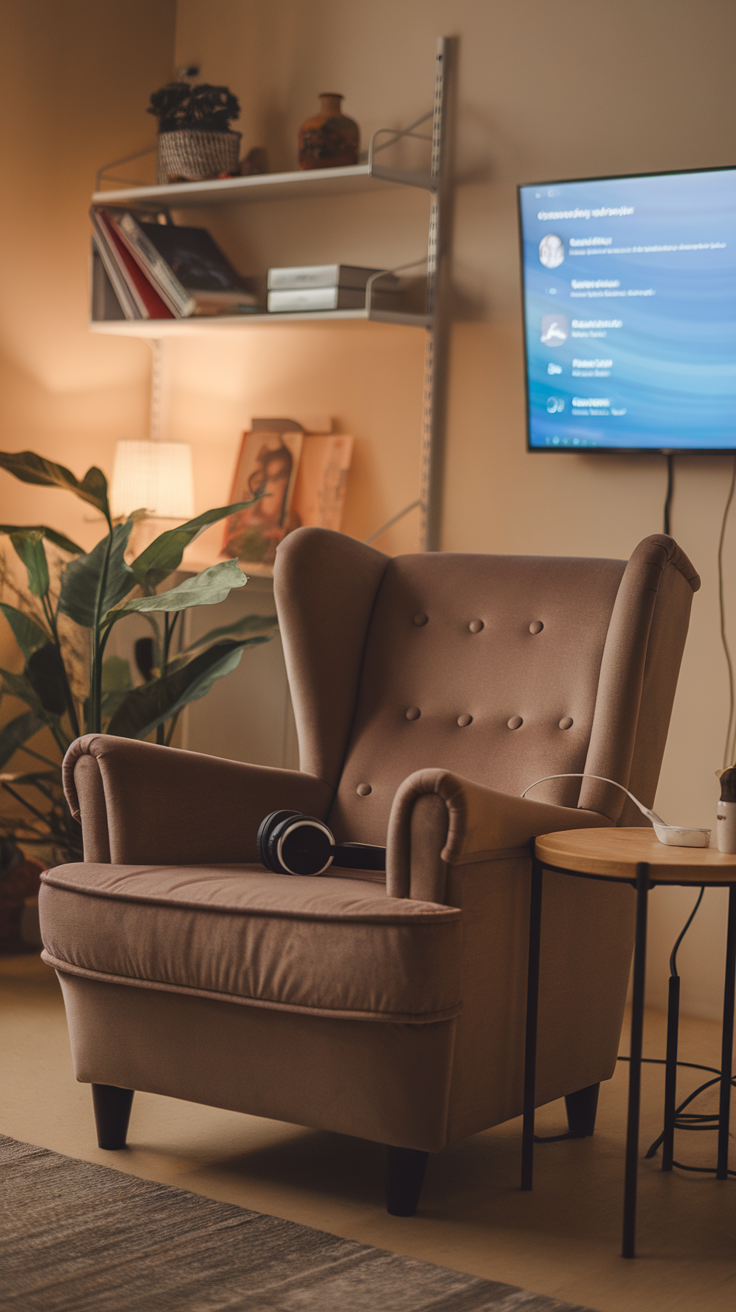 Cozy chair with headphones in a serene setting, perfect for a relaxing spa day.