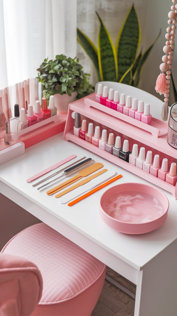 A neatly organized nail care station with various nail polishes, tools, and a pink bowl of water on a white desk.