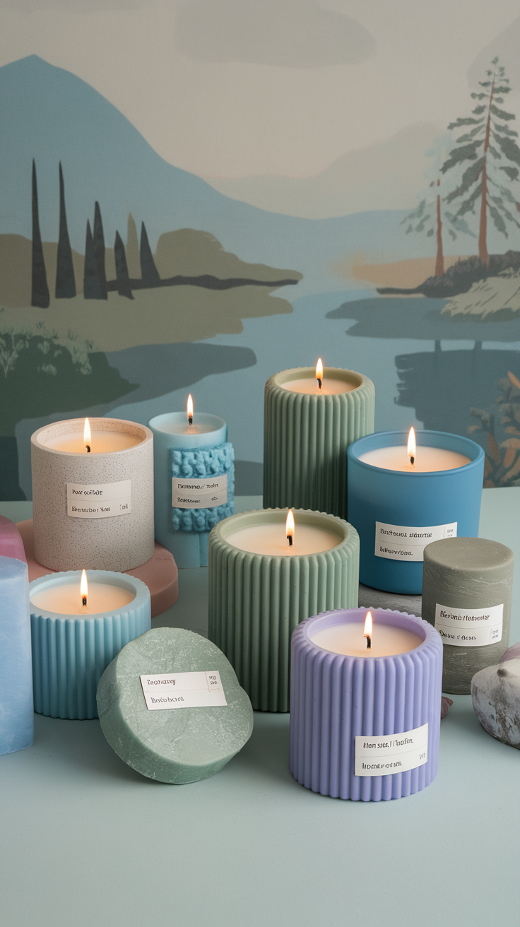 A variety of colorful scented candles with different designs, displayed against a serene landscape background.