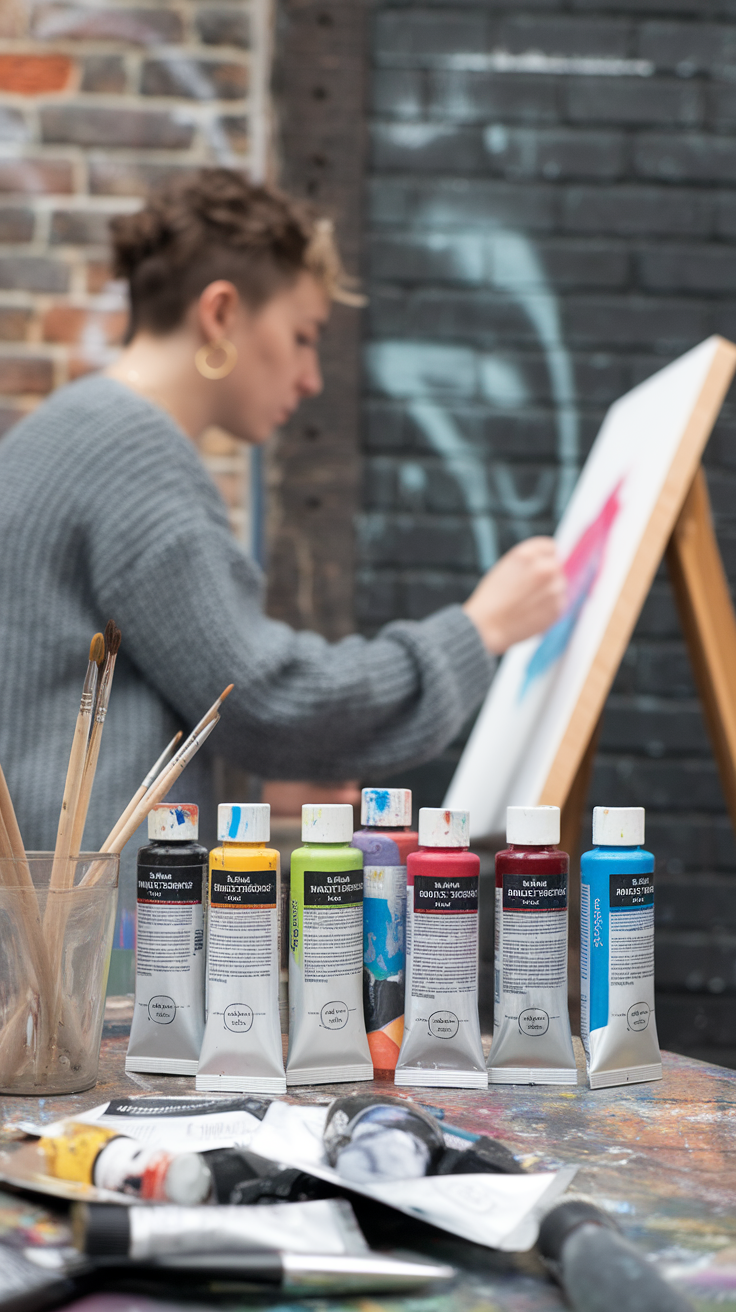 A person painting on a canvas with paint tubes and brushes in the foreground.