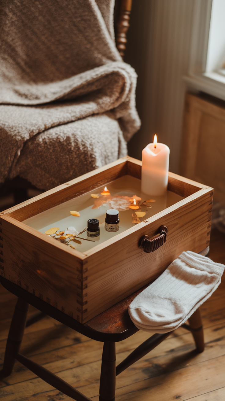 A cozy foot soak setup with a wooden box filled with water, petals, essential oils, a candle, and a pair of white socks.