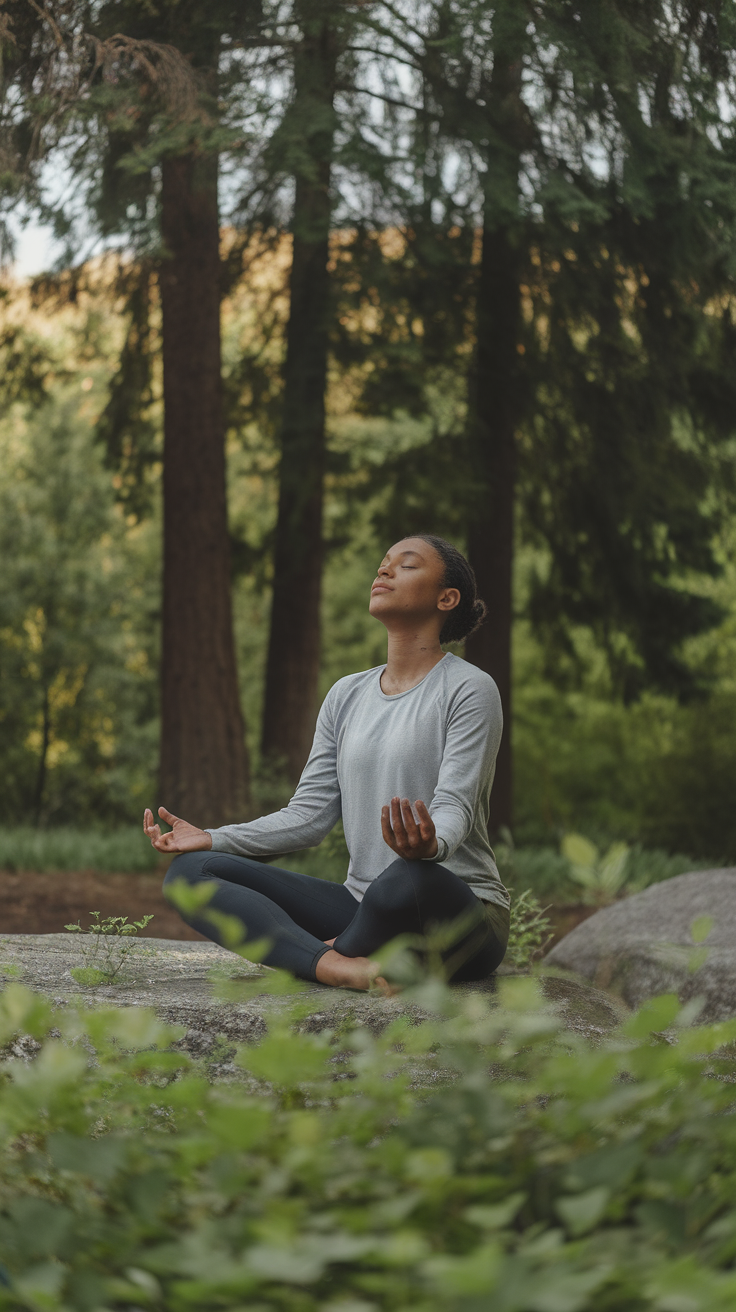 A person practicing mindful breathing in a serene natural setting, surrounded by trees and greenery.