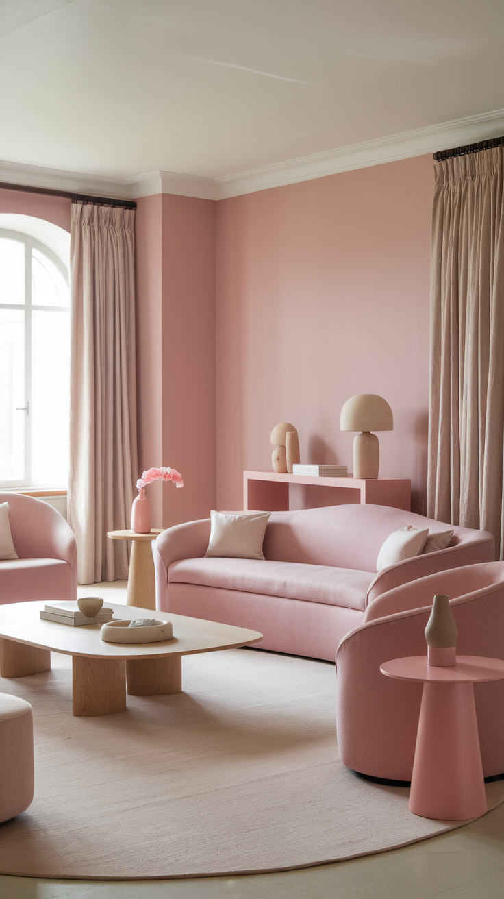 A cozy living room with soft pink walls and furniture, featuring a stylish coffee table and decorative elements.