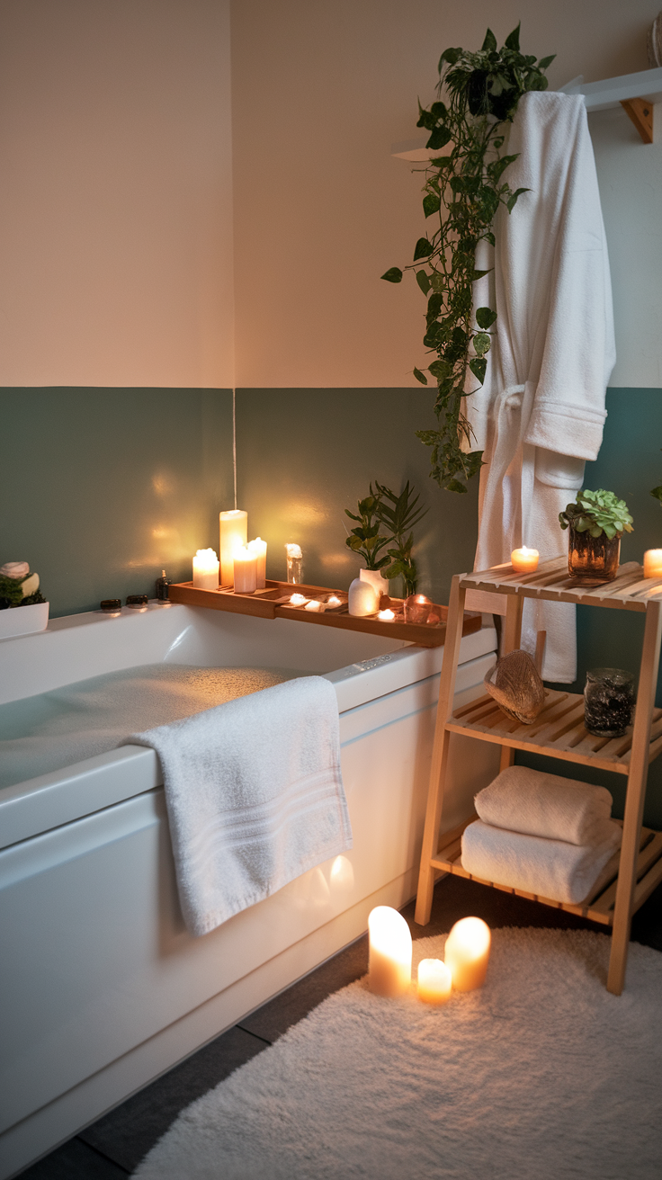 Cozy bathroom setup with candles, plants, and plush towels for a relaxing spa atmosphere.