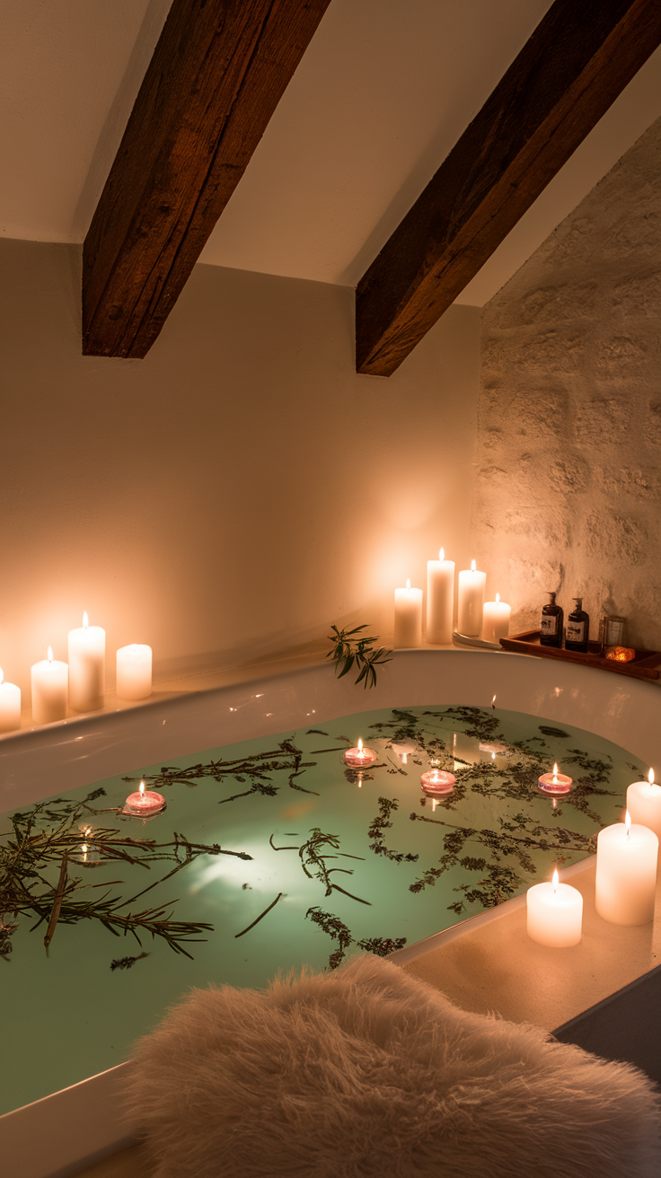 A cozy bath setup with candles and herbs for relaxation.