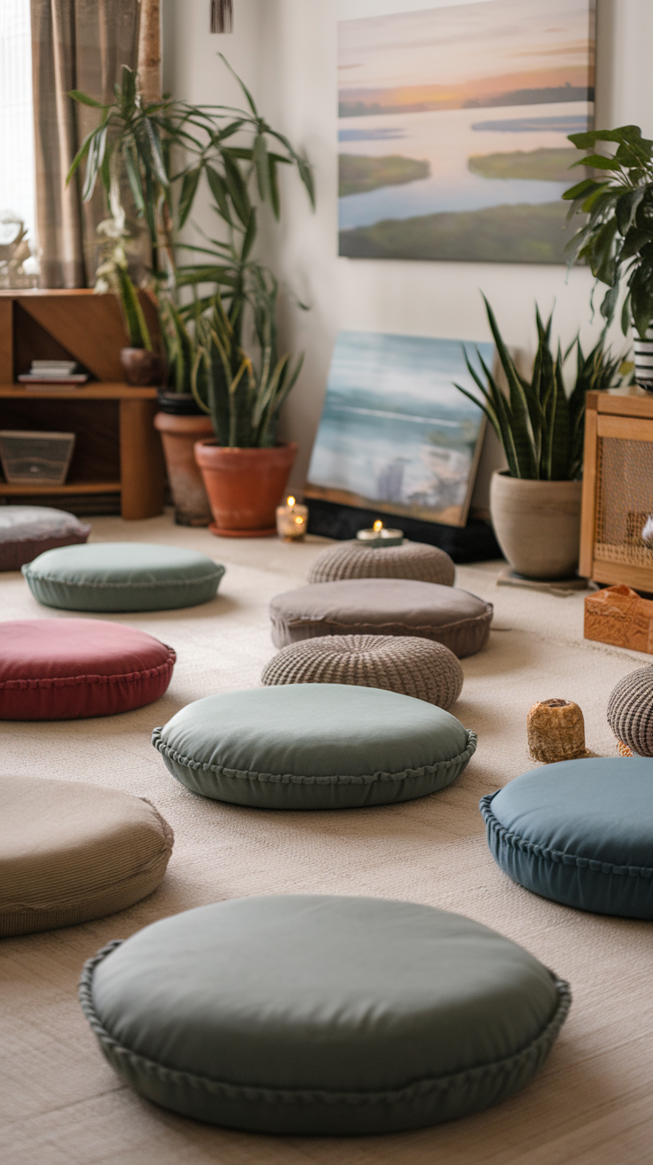 A cozy meditation space with soft cushions, plants, and calming artwork.