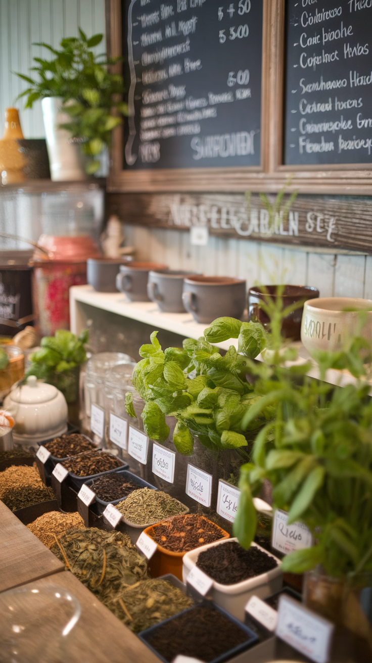 An organized herbal tea bar with various jars of herbs and spices, labeled for easy selection.