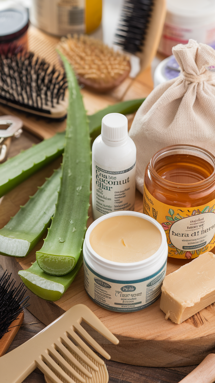 An assortment of hair care products and natural ingredients arranged on a wooden surface, including aloe vera, coconut oil, and hairbrushes.