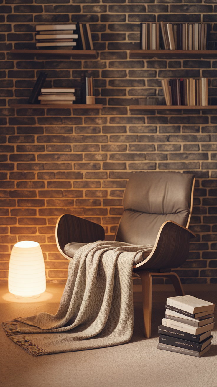 A cozy reading nook with a comfortable chair, a soft blanket, warm light, and books on shelves.