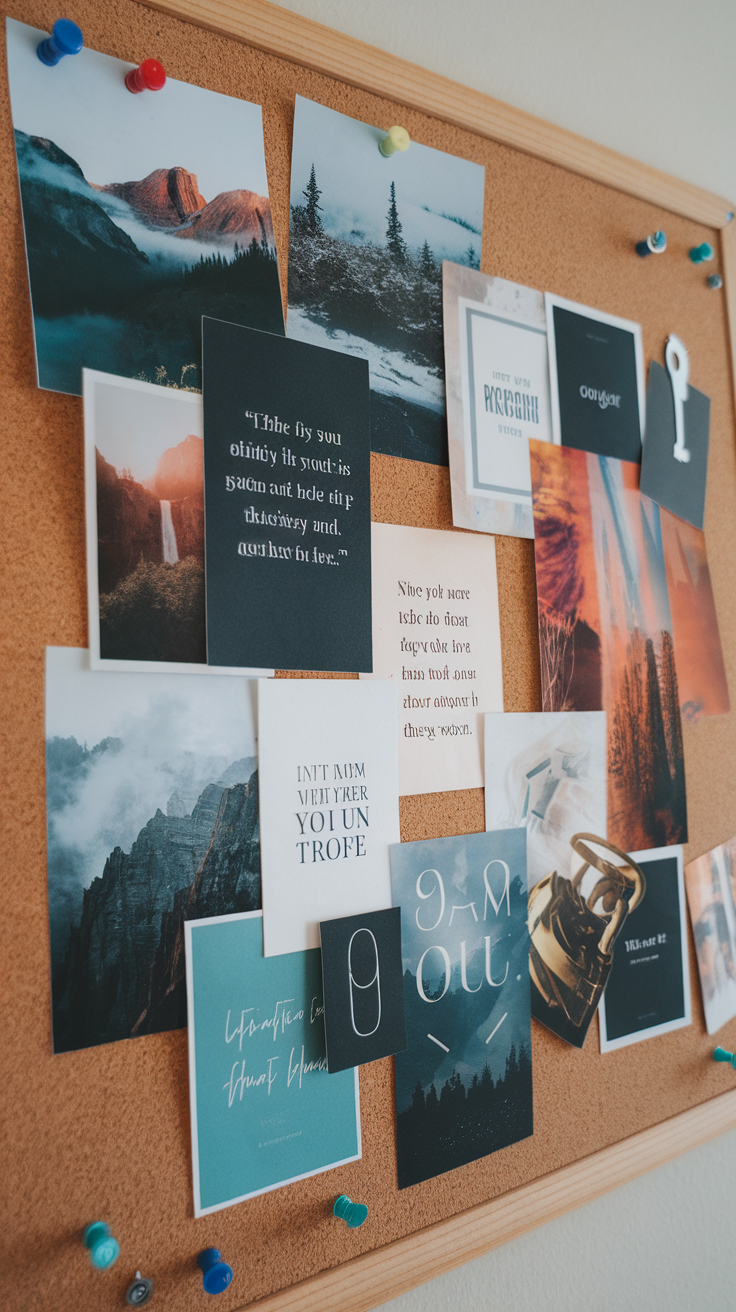 A corkboard filled with various photographs and inspirational quotes.