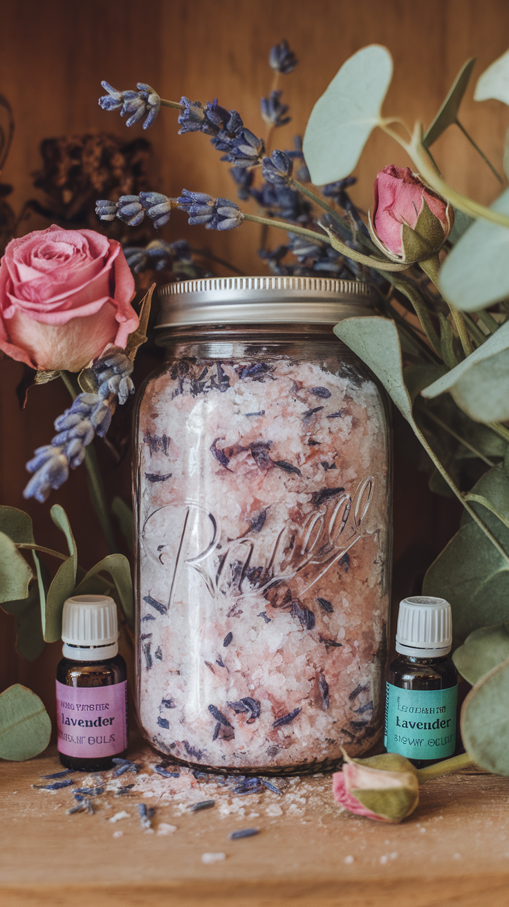 A jar of pink and white bath salts with lavender, surrounded by roses and lavender flowers.